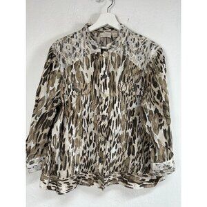 Chico's Womens Animal Print Button-Up Jacket Size 3 Lace Accents Lightweight